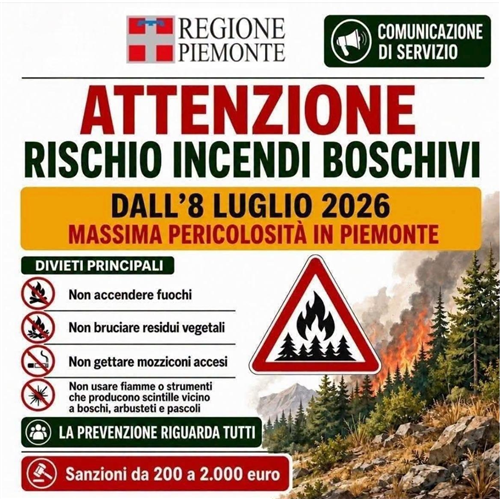 Dall8 luglio in Piemonte stato di massima pericolosità per incendi boschivi